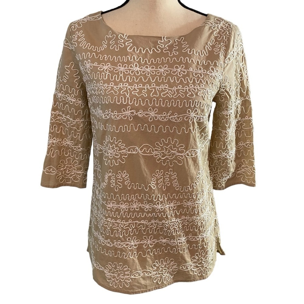 Lilly Pulitzer 3/4 Sleeve Embroidered Top Size 4 Neutral Coastal Beach
